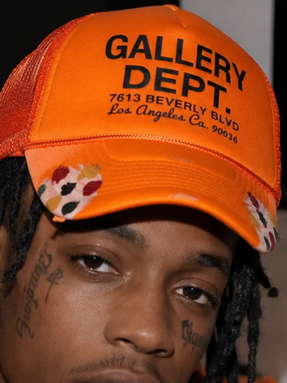 Gallery Dept Orange Mesh Trucker Hat with Multicolor Paint Splatters